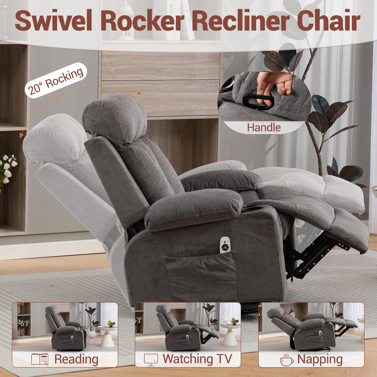 Grey Swivel Rocker Recliner with Massage and Heating P912546