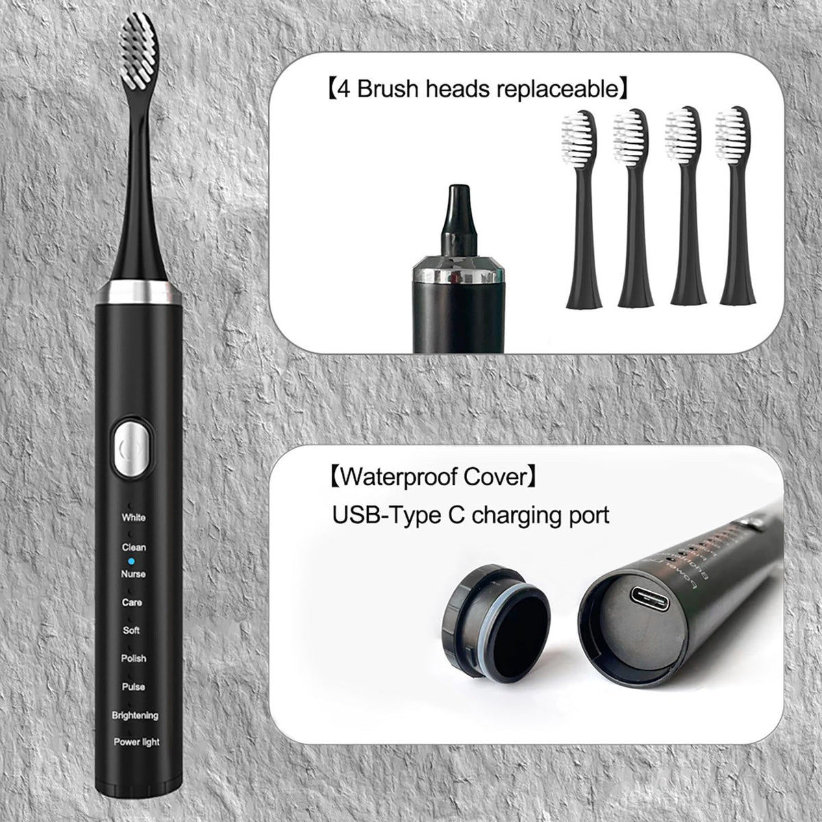 Rechargeable Electric Toothbrush with 4 Replacement Heads D417
