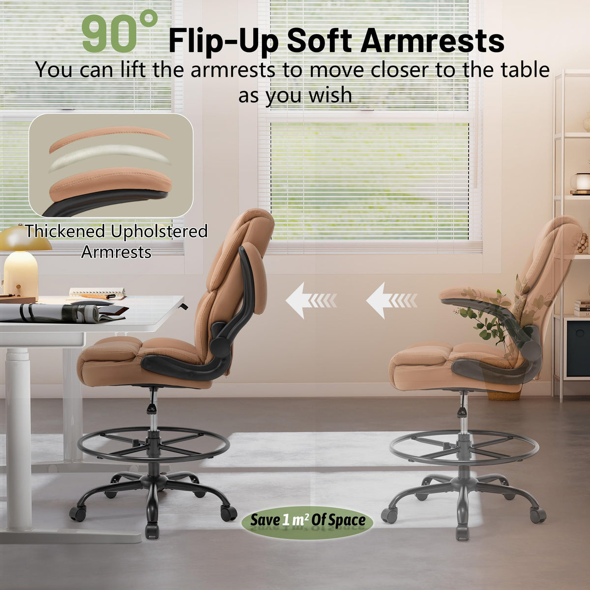 Brown High Back Upholstered Drafting Chair with Flip-up Armrests J420899