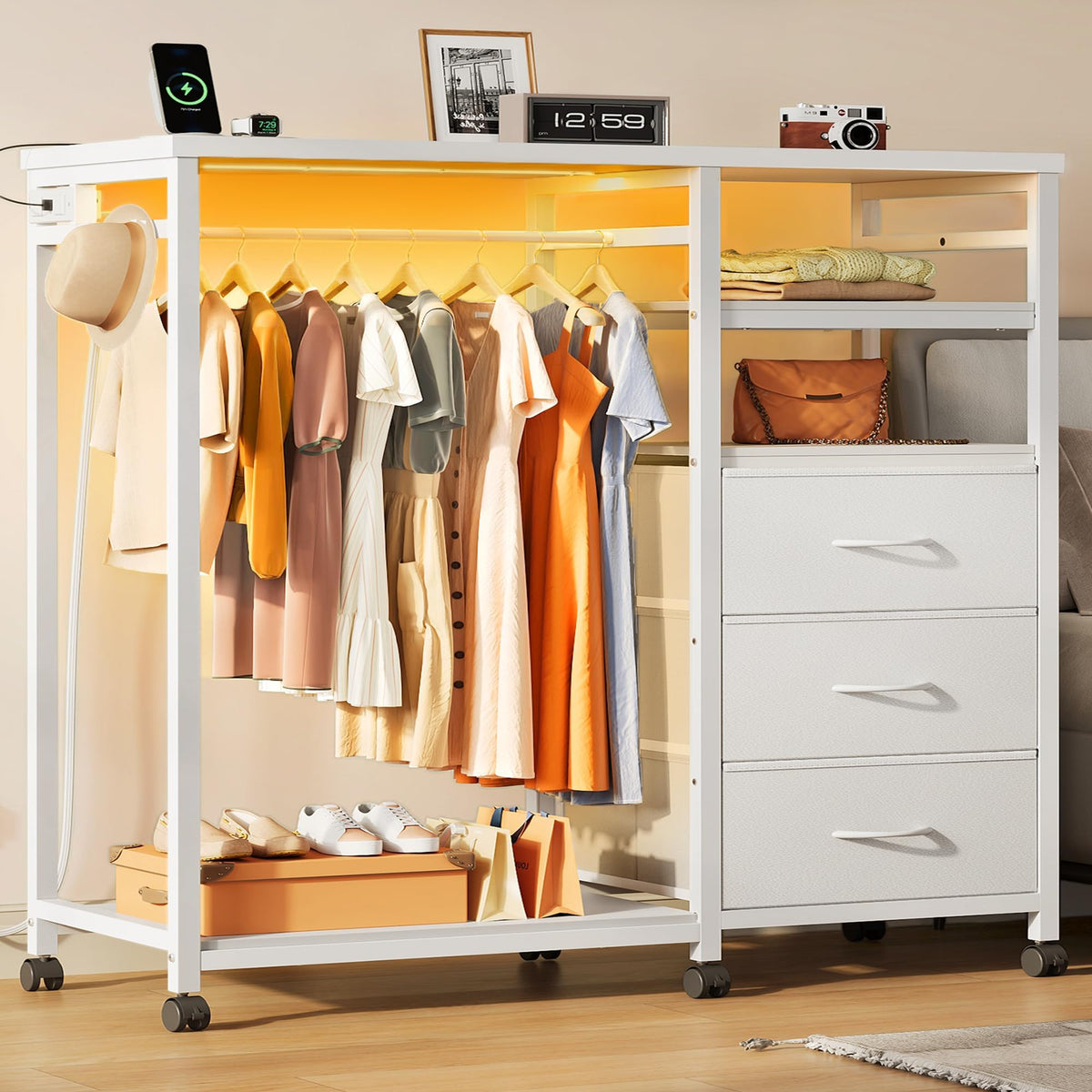 White 3 Drawer Dresser with Hanging Rack H694640
