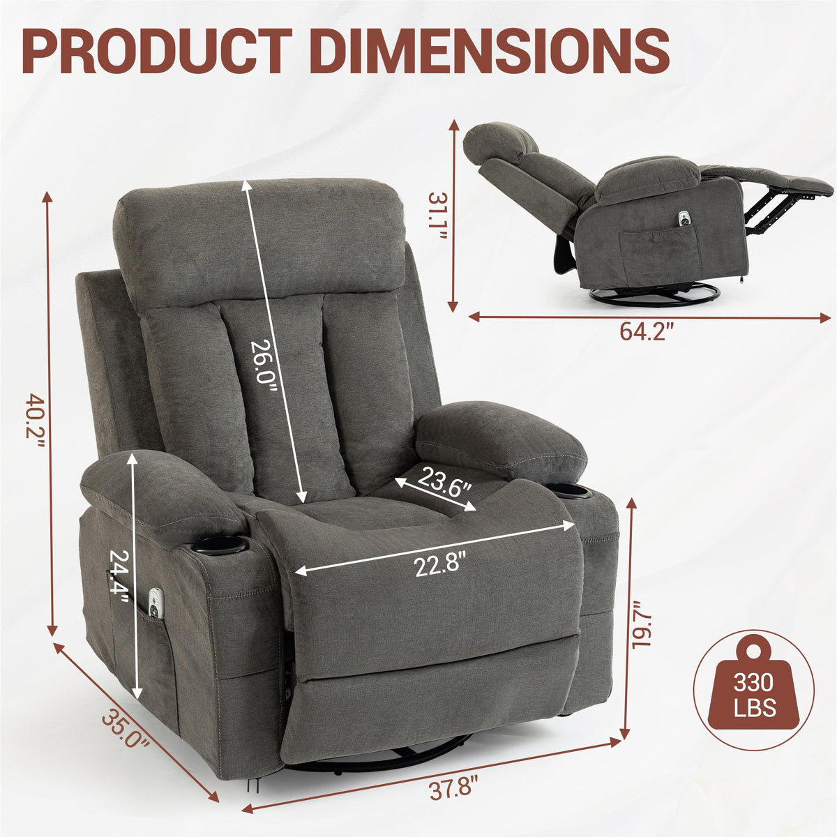 Grey Swivel Rocker Recliner with Massage and Heating P912546
