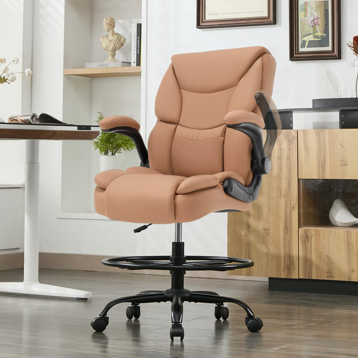 Brown High Back Upholstered Drafting Chair with Flip-up Armrests J420899