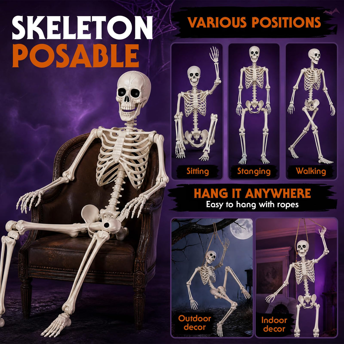5.4FT Posable Life Size Human Skeleton with Movable Joints W959654