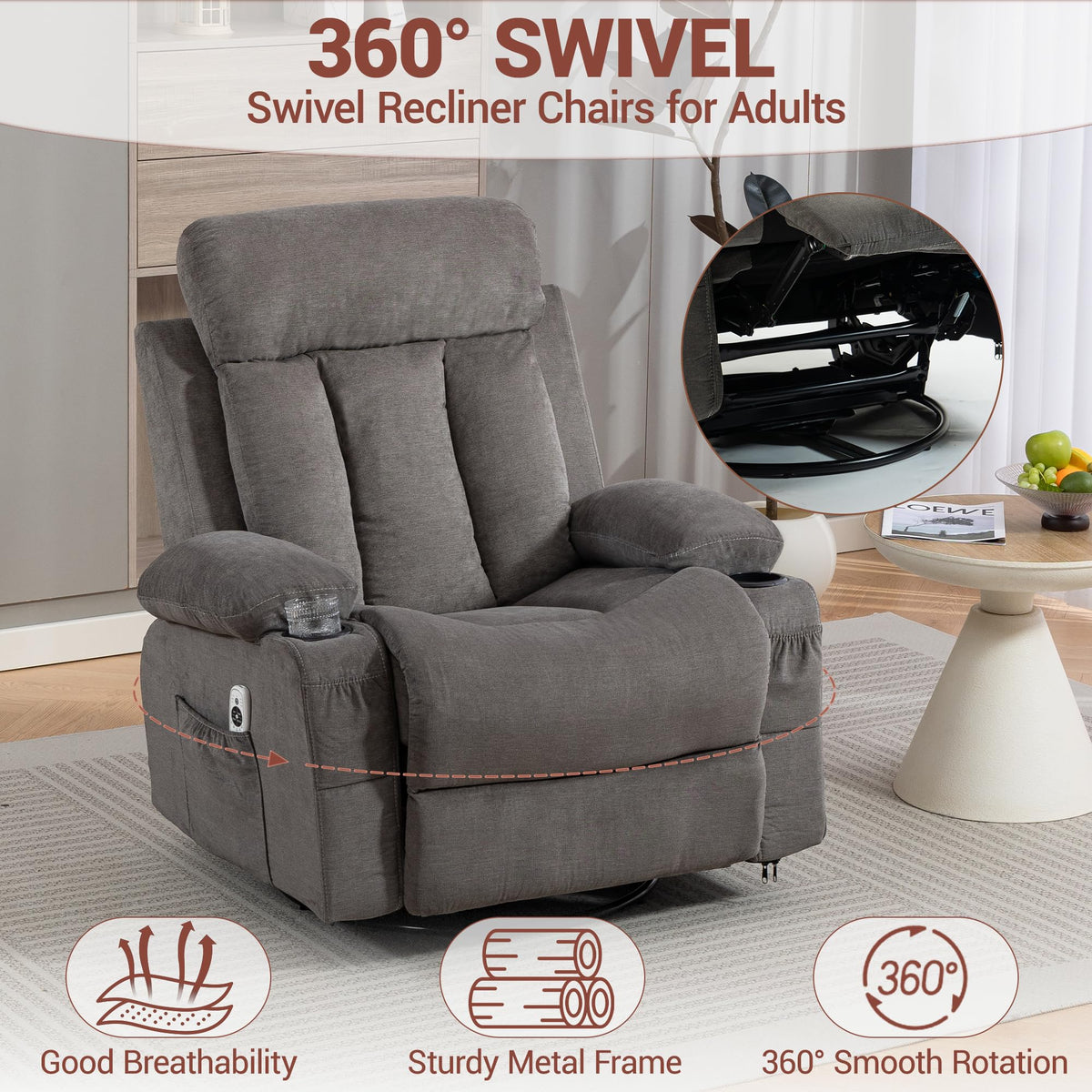 Grey Swivel Rocker Recliner with Massage and Heating P912546