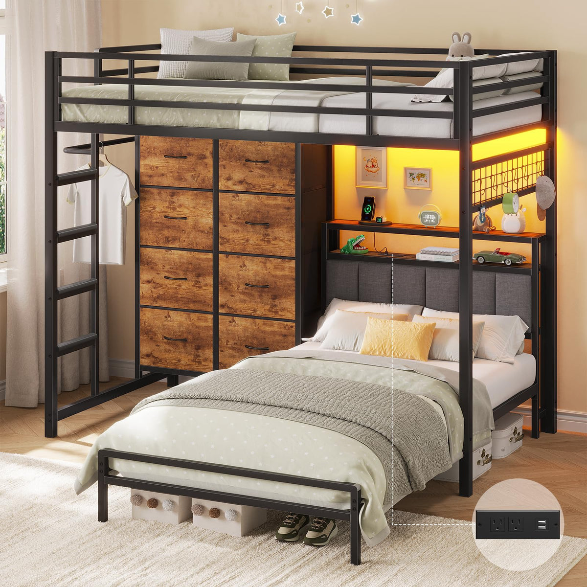 Twin Over Twin Bunk Bed with 8 Drawers and Storage Headboard G1068