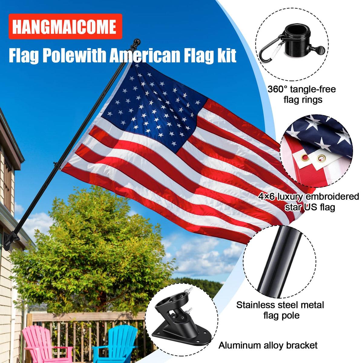 6FT Heavy Duty Tangle Free Flagpole Kit with 4x6FT Embroidered US Flag U7491