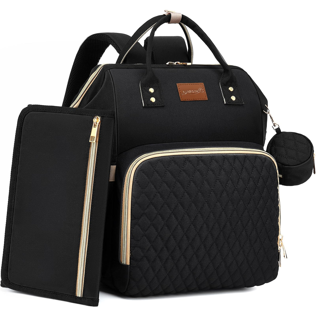 Black Waterproof Quilted Diaper Bag Backpack with Changing Pad W534038
