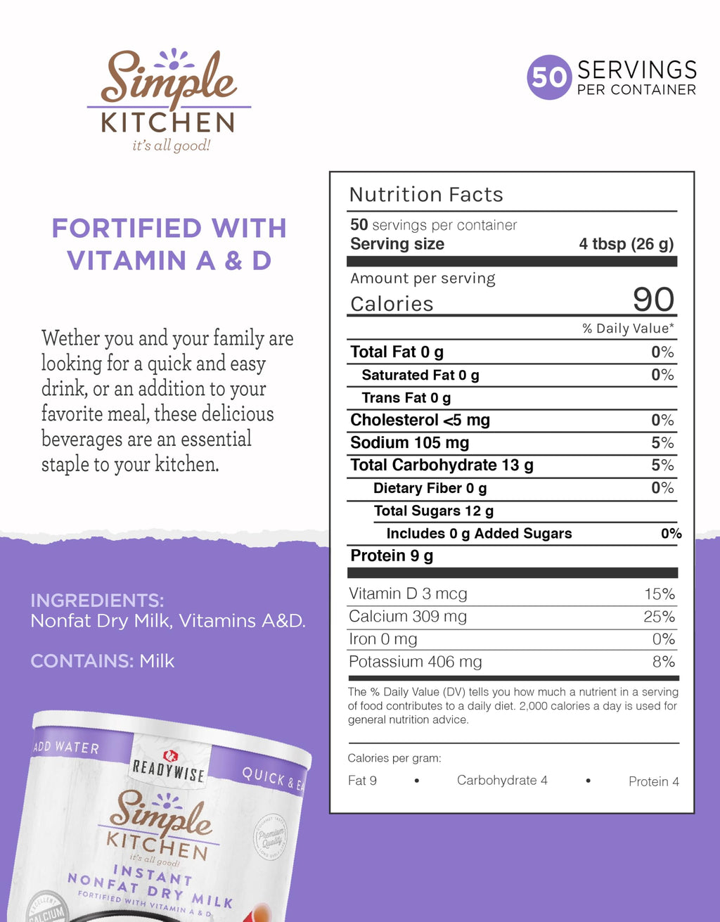Instant Nonfat Powdered Milk 50 Servings Q4063