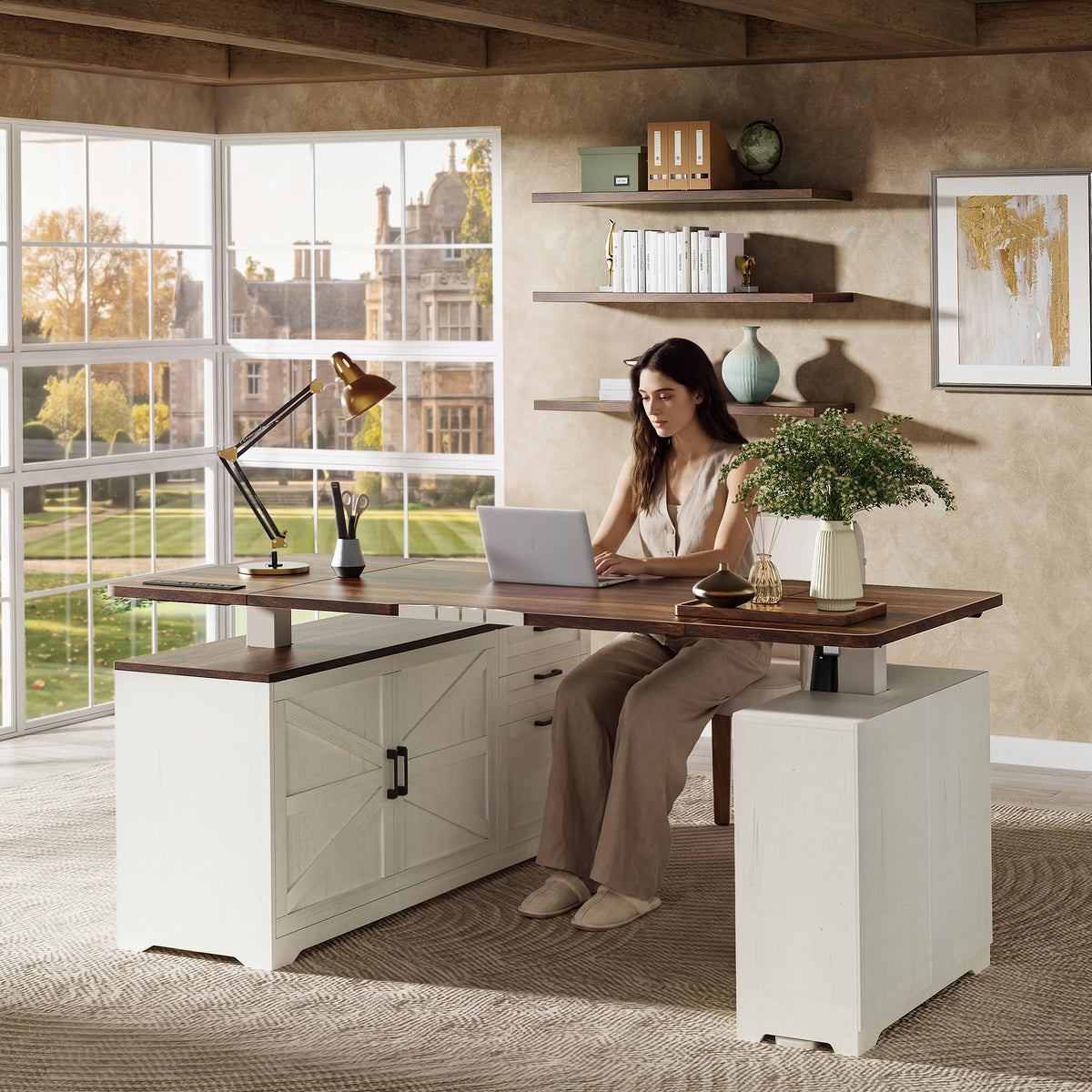 55'' L Shaped Standing Desk with Outlets and Drawers N2803