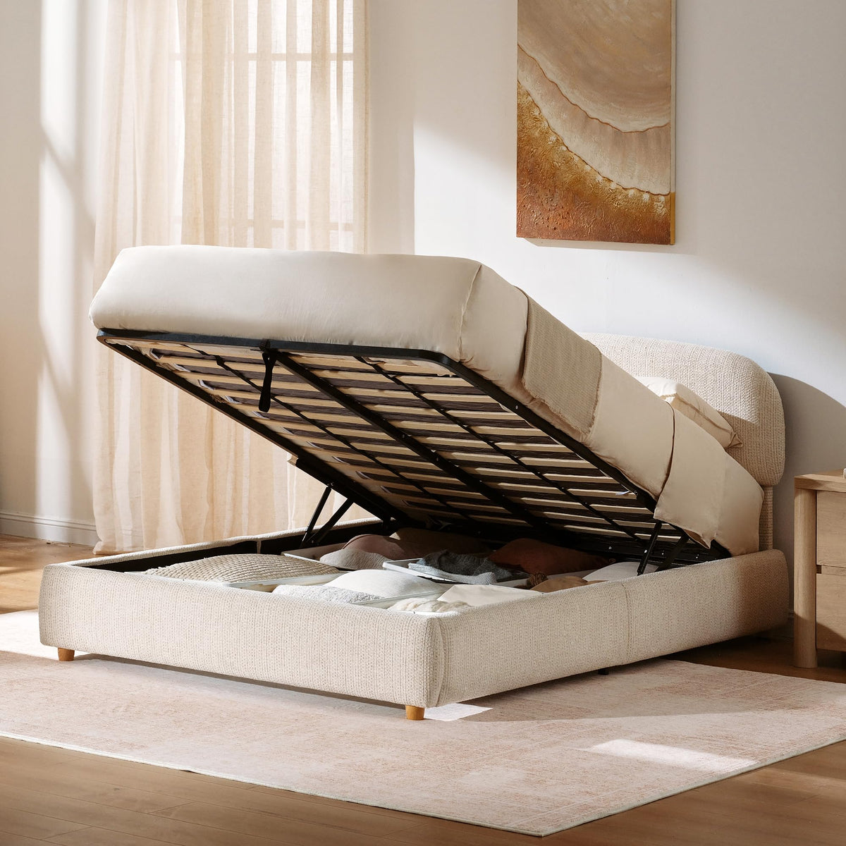 Queen Lift Up Storage Bed Frame with Adjustable Headboard, Beige A6793