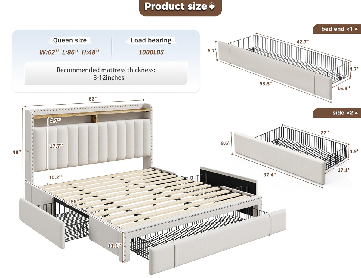 Queen Bed Frame with 3 Storage Drawers & Headboard X298