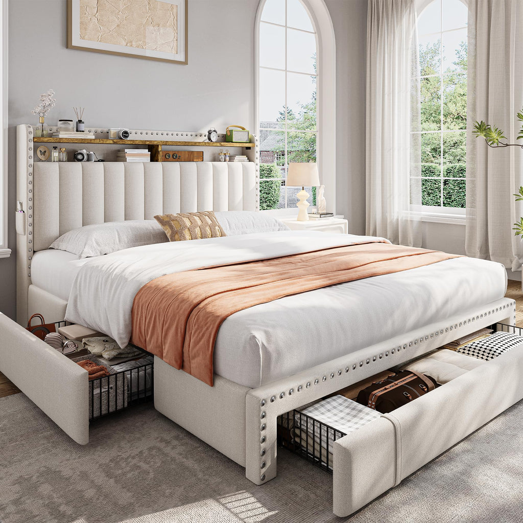 Queen Bed Frame with 3 Storage Drawers & Headboard X298