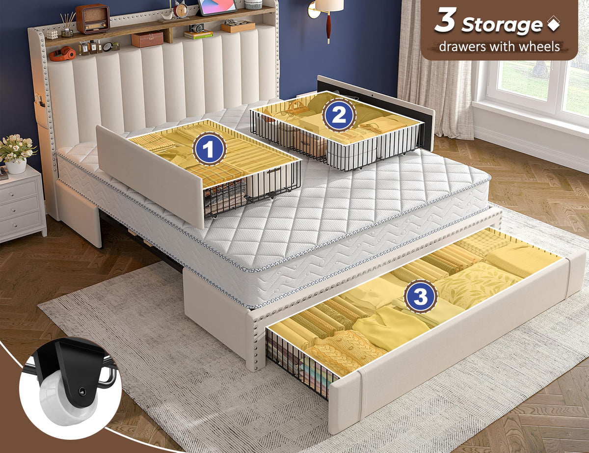 Queen Bed Frame with 3 Storage Drawers & Headboard X298