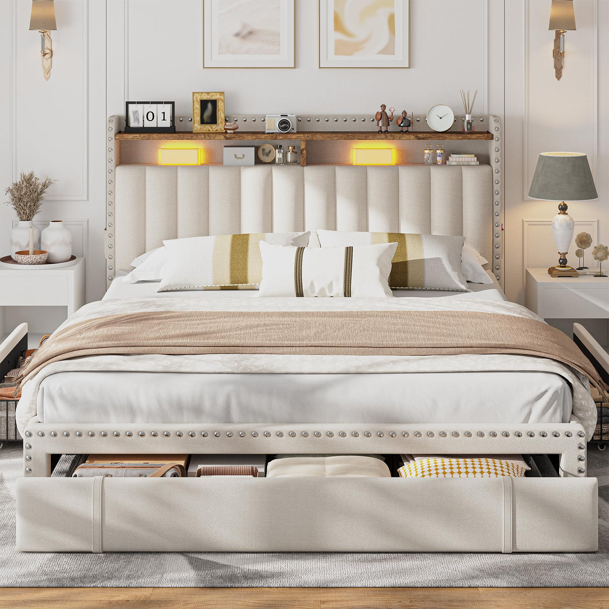Queen Bed Frame with 3 Storage Drawers & Headboard X298