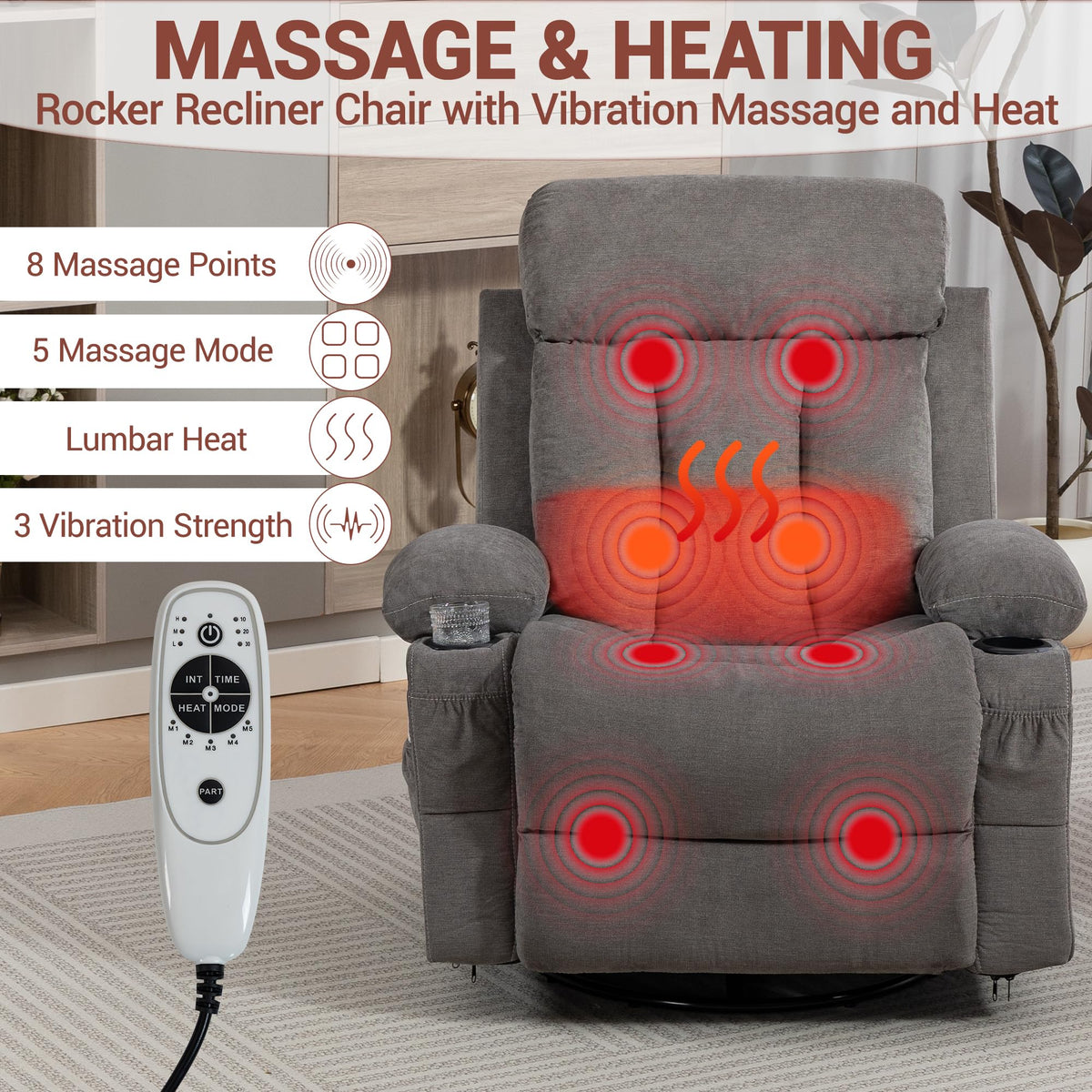 Grey Swivel Rocker Recliner with Massage and Heating P912546