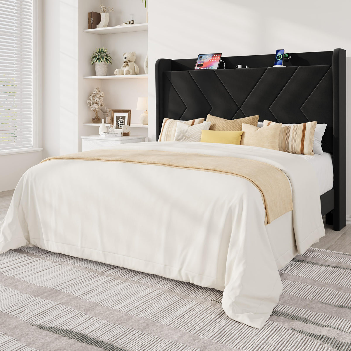 Queen Size Black Velvet Bed Frame with Charging and Shelf S91851