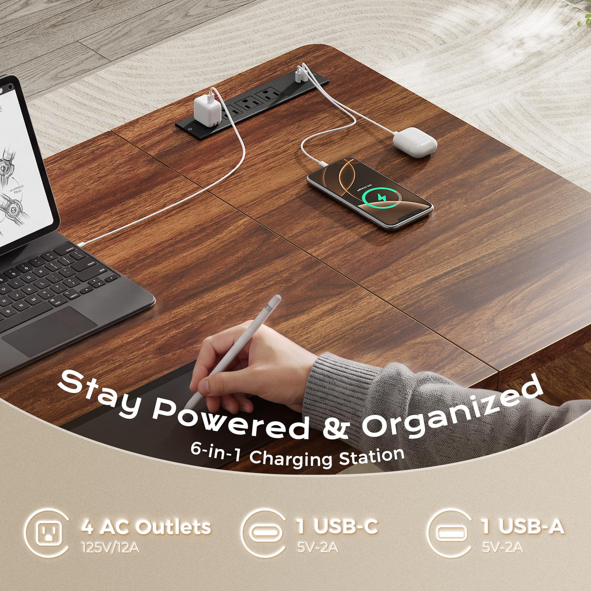 55'' L Shaped Standing Desk with Outlets and Drawers N2803