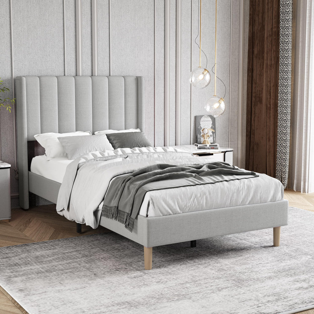 Twin Size Light Gray Linen Upholstered Bed Frame D352502