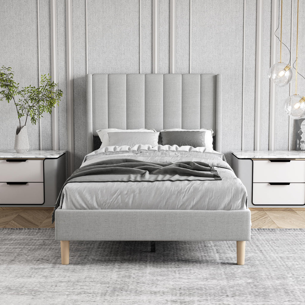 Twin Size Light Gray Linen Upholstered Bed Frame D352502
