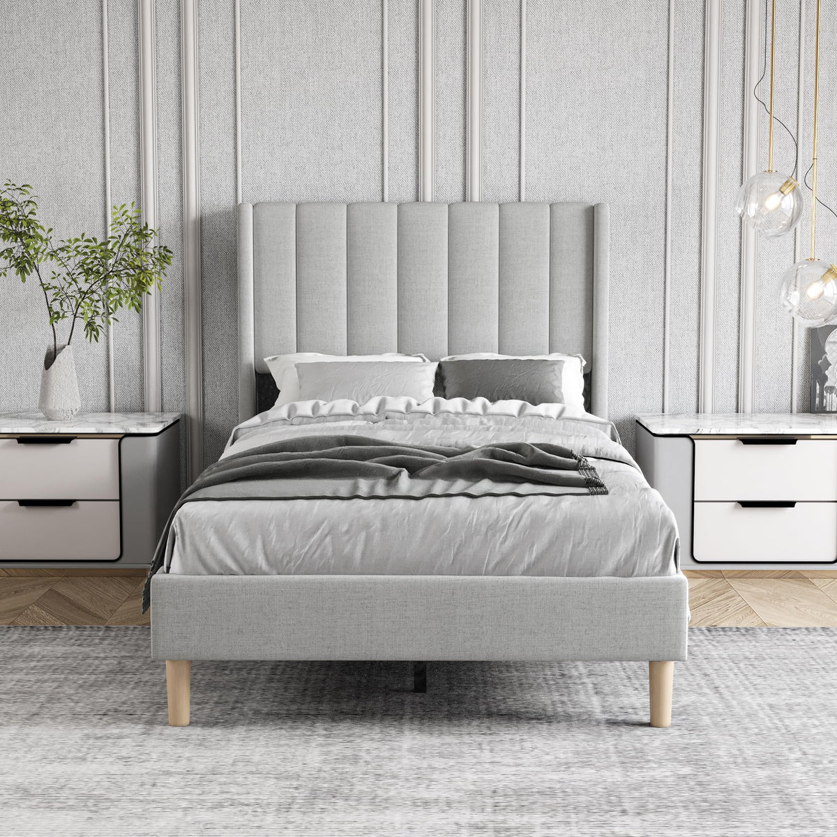 Twin Size Light Gray Linen Upholstered Bed Frame D352502